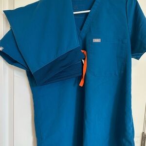 Figs Teal Blue Scrub Top with Orange Drawstring